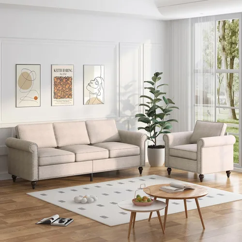 Miniatura 5 de PUREMIND Juego de sofá de 2 piezas para muebles de sala de estar, juego de sofá y silla de oficina moderno de lino con patas de madera maciza, sofá