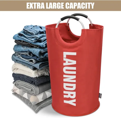 Miniatura 5 de DOKEHOM Cesta de lavandería grande de 90 L, bolsa de lavandería plegable, cesta de ropa alta independiente, contenedor de lavado plegable (rojo)