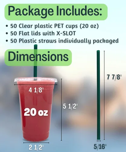 Miniatura 3 de [50 juegos] Vasos de plástico transparente de 20 onzas con tapas y popotes, vasos desechables para bebidas frías, café helado, batidos, batidos