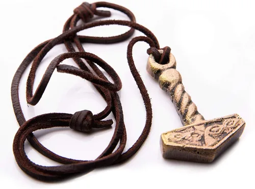 Miniatura 4 de Norse Tradesman Collar de martillo de Thor, colgante de latón macizo con cordón ajustable de cuero genuino, Latón