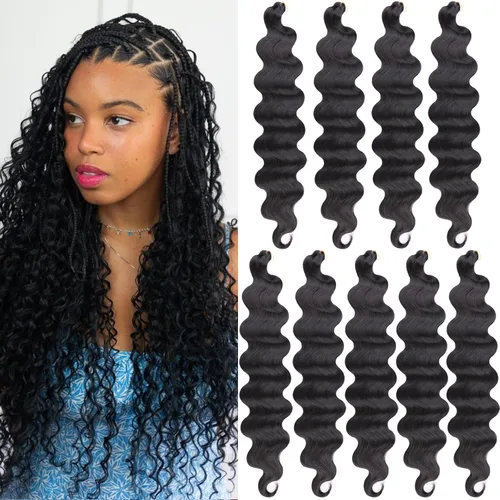 Miniatura 7 de Unionbeauty - Cabello trenzado ondulado de 18 pulgadas, paquete de 3 unidades, cabello trenzado preemplumado, trenzas bohemias negras para trenzas