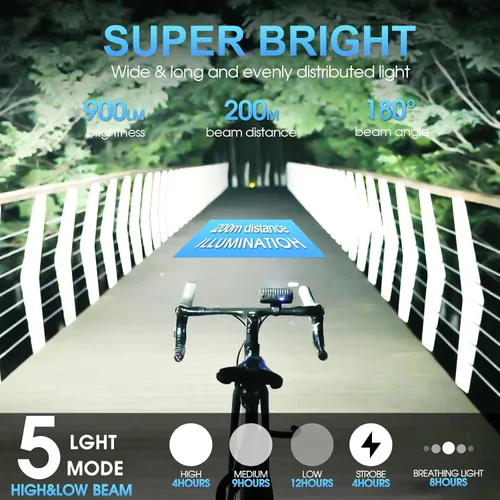 Miniatura 2 de Barra de luz LED súper brillante para bicicleta eléctrica – 1200 lúmenes con luz alta/baja, 5 modos, USB-C recargable, montaje universal para Negro