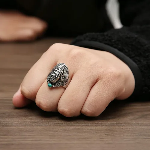 Miniatura 4 de HZMAN Anillo de cabeza de jefe indio para hombres y niños, de acero inoxidable, vintage, nativo americano, tribal, líder, guerrero, cazador