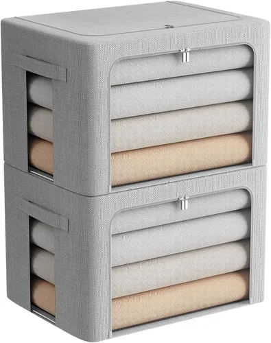 Miniatura 23 de FHSQX Paquete de 2 contenedores de almacenamiento de ropa apilables, caja de almacenamiento con marco de metal, organizador plegable de tela de lino
