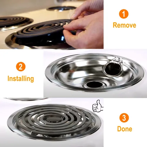 Miniatura 5 de Cubiertas para quemadores de estufa Mejiao, sartenes de goteo cromadas de repuesto para Frigidaire Kenmore 316048413 y 316048414, 4 piezas (4x6")
