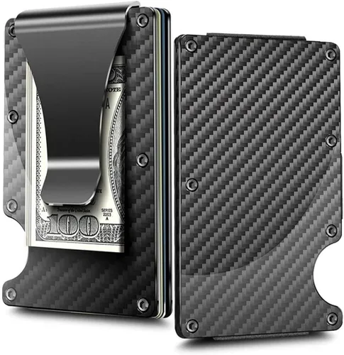 Cartera de fibra de carbono soporte para tarjeta de crédito con bloqueo RFID clip de dinero minimalista delgado para hombres y mujeres negro