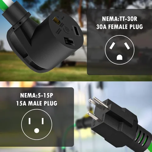 Miniatura 2 de Cable adaptador RV de 15 amperios a 30 amperios y 110 voltios, cable adaptador de 12 pulgadas NEMA 5-15P macho a TT-30R hembra, convertidor