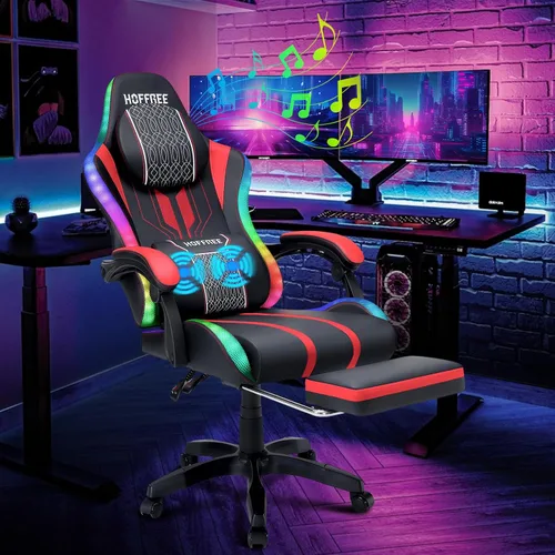 Miniatura 14 de HOFFREE Silla LED para juegos con altavoces, silla de computadora grande y alta con luces RGB, silla de juego Bluetooth con reposapiés, sillas