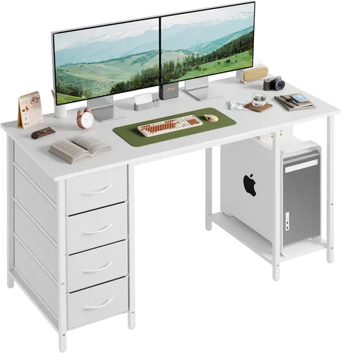 Miniatura 13 de Grandder - Escritorio de juegos de 40 pulgadas con toma de corriente y luz LED, escritorio para computadora con estantes reversibles y cajón