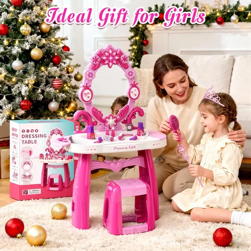Miniatura 5 de Juego de mesa y silla para niños pequeños, mesa de maquillaje para niñas con luces de espejo y música, juguetes de vestir con secador de pelo