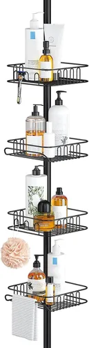 SEIRIONE Organizador de Ducha y Esquinero a Prueba de Óxido para Baño, Poste de Tensión con 4 Cestas Ajustables para Accesorios de Ducha, 34 a 116