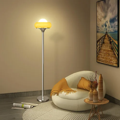 Miniatura 2 de Lámpara de pie naranja moderna de mediados de siglo, lámpara de hongo estilo Bauhaus para leer, lámpara de pie alta con pantalla de vidrio para sala