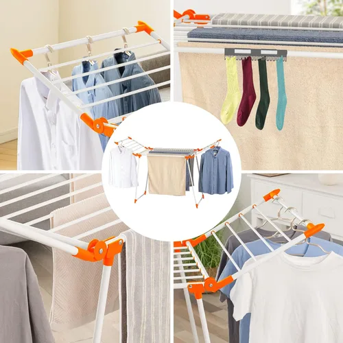 Miniatura 9 de Estante de secado de ropa, estante de lavandería Gullwing, plegable, ahorra espacio, con clips para calcetines, para ropa, toallas, ropa de cama