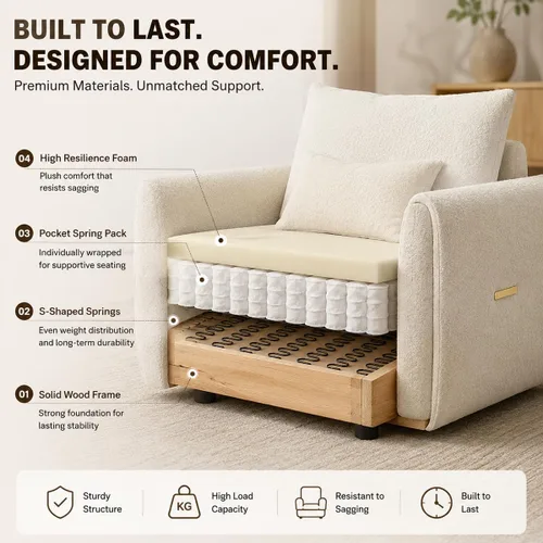 Miniatura 6 de Boucle Living Room Chairs, Modern Comfy Reading Armchair with Lumbar Pillow for Bedroom, Apartment, Office, 450 LBS Capacity, Beige