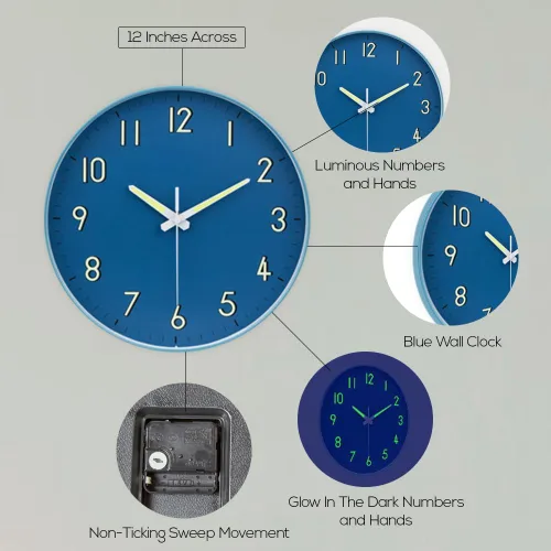 Miniatura 3 de Reloj de pared silencioso azul medianoche, con números y manecillas que brillan en la oscuridad, decoración moderna y llamativa del hogar
