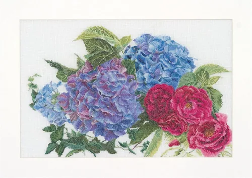 Thea Gouverneur - Kit de punto de cruz contado - Hortensia y rosa - Aida - 16 unidades - Kit de bordado para adultos - Hilos de bordado DMC y otros