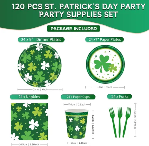 Miniatura 3 de Decoraciones para el Día de San Patricio para 24, suministros de fiesta desechables de trébol con platos llanos, platos de postre, vasos