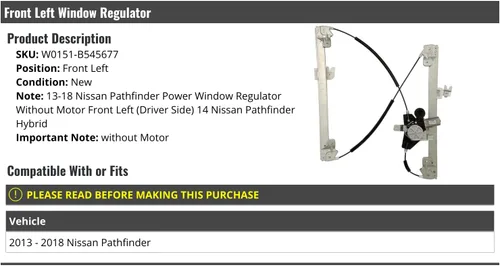 Marketplace Auto Parts Conjunto del Elevalunas eléctrica del lado del conductor delantero izquierdo sin motor - Compatible con Nissan Pathfinder