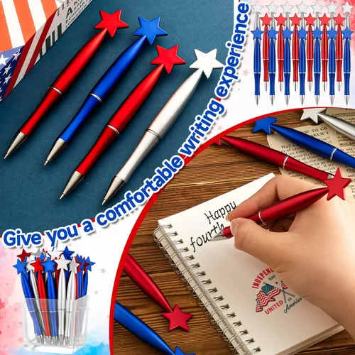 Miniatura 6 de 48 bolígrafos con diseño de estrella, 4 de julio, Día de la Independencia, bolígrafos de tinta negra patriótica de 0.039 pulgadas para suministros