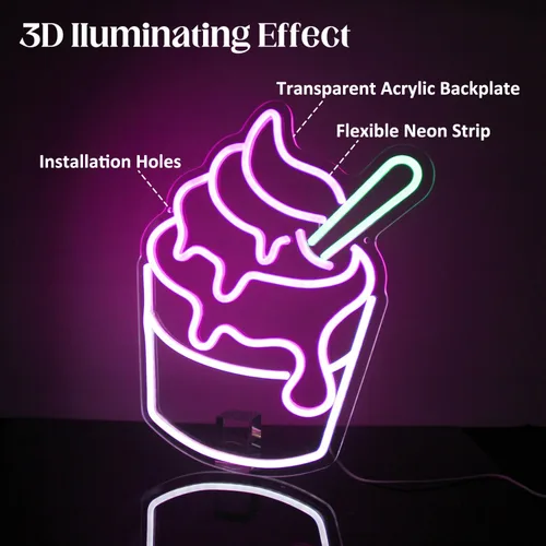Miniatura 5 de Letrero de neón de helado rosa y blanco Sundae, luces LED de neón, letreros de cupcake de neón para decoración de pared de negocios, letreros LED