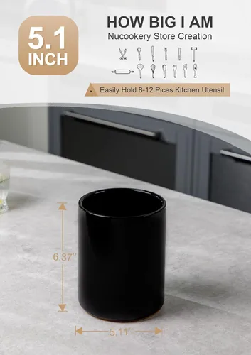 Miniatura 2 de Nucookery Soporte para Utensilios, Soporte para Utensilios de Cocina de Cerámica de 6.4", con Fondo de Corcho de Protección para Encimera, Negro