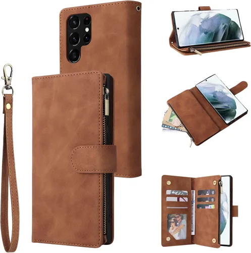 Miniatura 9 de UEEBAI Funda tipo cartera para Samsung Galaxy S22 Ultra 5G, piel sintética con cierre magnético, bolsillo con cremallera, ranuras para tarjetas