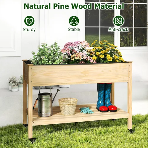 Miniatura 6 de Giantex Cama de jardín elevada móvil, maceta de madera con ruedas, estante de almacenamiento y forro, cama elevada enrollable de 47 x 23 x 33