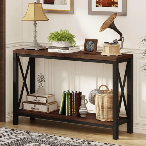 Miniatura 9 de BON AUGURE - Mesa de consola rústica detrás del sofá, mesa industrial de entrada con estantes, mesas de sofá de 3 niveles estilo granja para sala