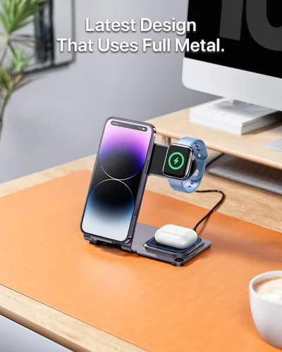 Miniatura 2 de Intoval Estación de carga inalámbrica 3 en 1 de aluminio para iPhone 17 16 15 14 13 Pro Max, cargador inalámbrico para Apple Watch 11 10 9 8 7 Ultra