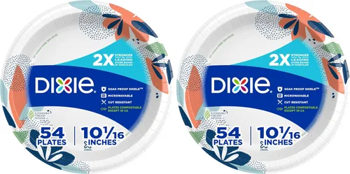 Miniatura 15 de Dixie Platos de papel grandes, 10 pulgadas, 54 unidades, 2 veces más fuertes, aptos para microondas, a prueba de remojos, resistentes a cortes