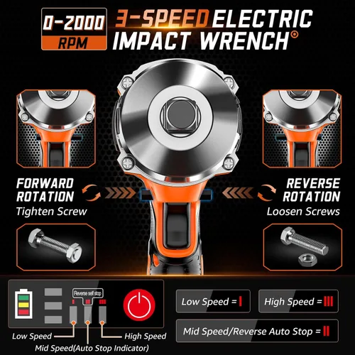 Miniatura 3 de Llave de impacto inalámbrica 1500N.m, llave de impacto de alto par sin escobillas de 1/2 pulgada 21 V con 2 baterías de 4.0 Ah, 6 enchufes, cargador