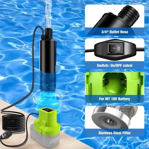 Miniatura 5 de Bomba de transferencia de agua compatible con batería Ryobi de 18 V, 30 L/min, elevación de 15 pies, bomba de agua con potencia máxima de 7 A, bomba