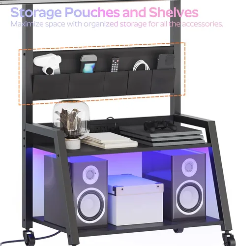 Miniatura 7 de YATINEY Soporte de TV móvil con toma de corriente, soporte de TV móvil con luz LED de hasta 55 pulgadas, carrito de TV con soporte, 5 bolsas de tela