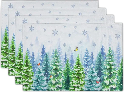 Miniatura 10 de Juego de 4 manteles individuales con diseño de osos de Navidad con acuarela, diseño de pájaros de invierno, diseño de árboles de copo de nieve