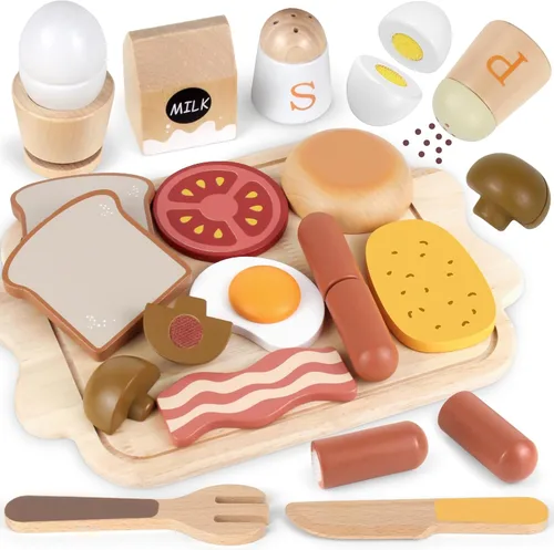 Airlab - Comida de juguete para niños pequeños de 3 a 5 años, juego de cocina de simulación, juego de desayuno, alimentos para cortar, juguete