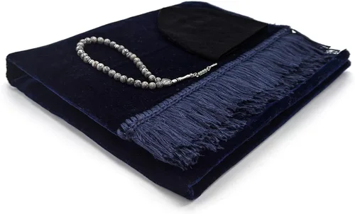 Miniatura 2 de Juego de alfombrillas de oración de terciopelo (piedra preciosa, 33 cuentas de oración, sombrero Kufi negro, estuche elegante), lujosa alfombra