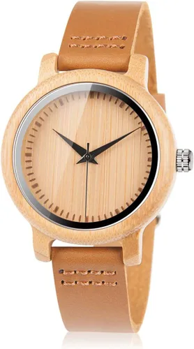 BOBO BIRD Reloj de madera de bambú para hombre y mujer con correa de cuero de vaca marrón, relojes casuales de cuarzo analógico