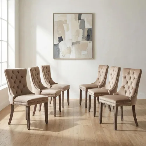 Miniatura 20 de OVENTA Juego de 4 sillas de comedor modernas tapizadas copetudas, terciopelo negro y gris y cuero con patas de madera maciza, sillas de cocina