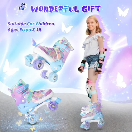 Miniatura 5 de MammyGol Patines de ruedas para niños y niñas, patines ajustables para niños con hermosas mariposas, principiantes de 3 a 16 años de edad, patines