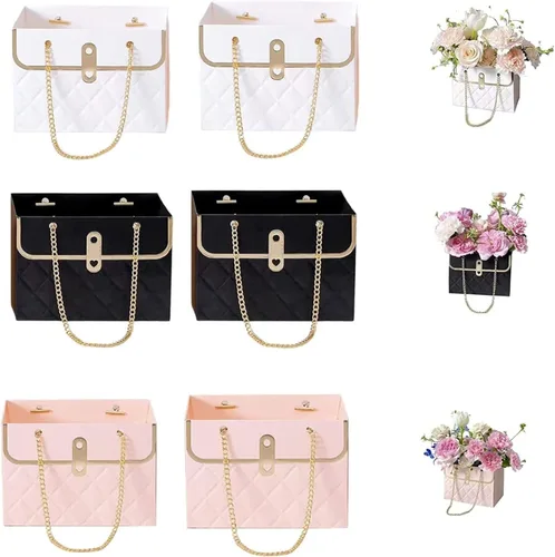 Caja de regalo de papel de flores, bolsas de ramo de flores con caja de regalo de cadena de metal, cajas de flores para arreglos, cajas de flores