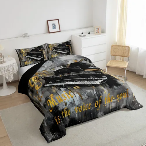 Miniatura 2 de Homewish Piano Music Comforter Set King Size,Musical Notes Bedding Set 3Pcs for Kids Girls Boys Teens Room Decor,Retro Graffiti Grey Gold Down Multi