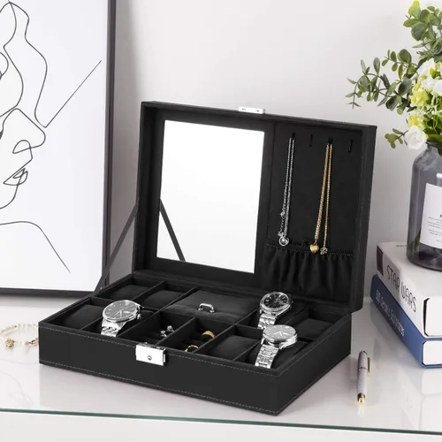 Miniatura 4 de Oyydecor Joyero organizador de caja de reloj con 8 ranuras para almacenamiento de relojes, estuche organizador de joyas con espejo (negro)