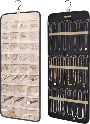 Miniatura 10 de Organizador de joyas colgante BAGSMART con rollo de almacenamiento y ganchos metálicos, soporte doble para aretes, collares, anillos en el armario