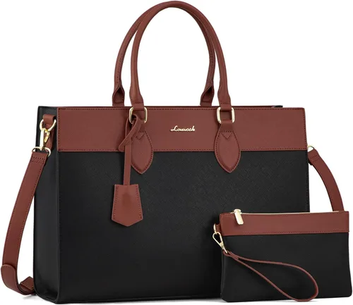 Miniatura 14 de LOVEVOOK Bolsa para laptop para mujer, bolsa de trabajo para laptop de 15.6 pulgadas, maletín grande de cuero impermeable para oficina, beige y negro