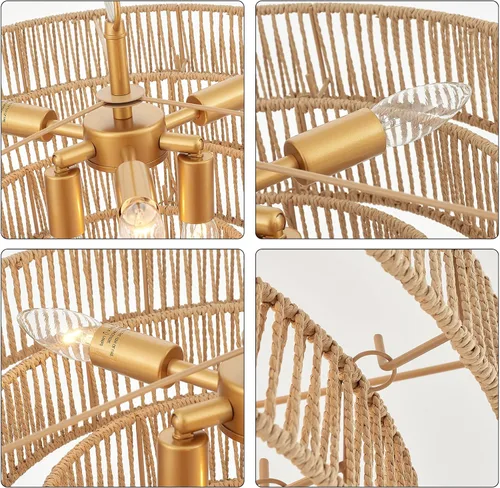 Miniatura 8 de Lámpara colgante de ratán tejida a mano, 6 luces, 4 redondas, de transición, minimalista, bohemio, grande, para cocina, isla, comedor, sala