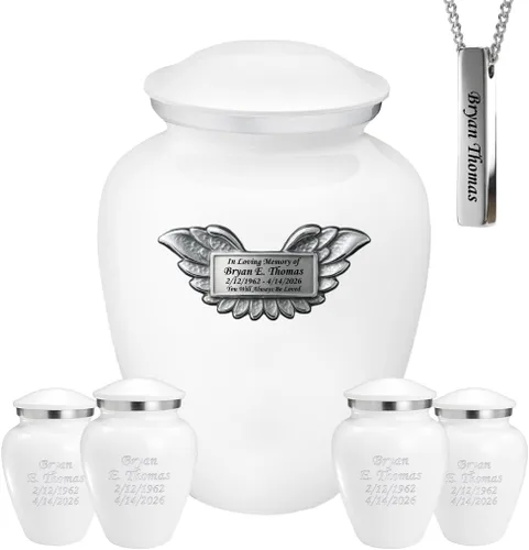 Miniatura 9 de Juego de 6 urnas funerarias decorativas negras y doradas personalizadas/grabadas para cenizas humanas, hombres y mujeres, con 1 urna grande