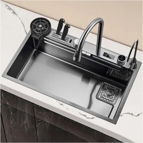 Miniatura 8 de Fregadero de cascada volador con pantalla digital, fregadero de cocina, fregadero de barra de acero inoxidable 304, con lavabos de copa, instalación
