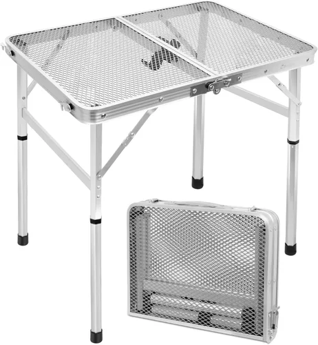Miniatura 10 de Mesa plegable de 4 pies con escritorio de malla metálica, mesa de campamento con asa de transporte, altura ajustable (16.5 y 26 pulgadas), mesa al