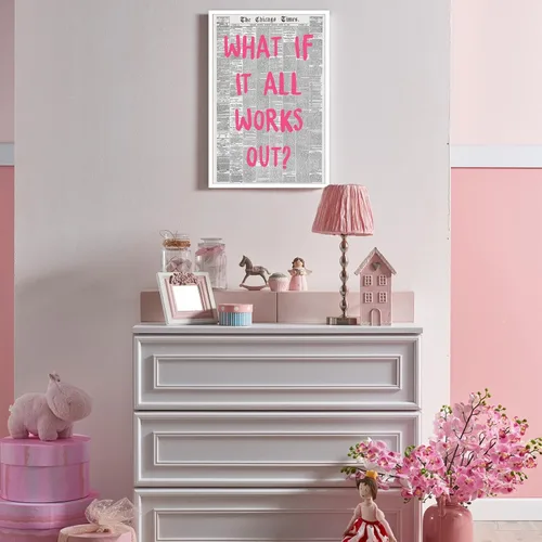 Miniatura 7 de Liyark Arte de pared retro moderno de periódico en lienzo - "¿Qué pasaría si todo sale bien" Frase de afirmación positiva - Fuente rosa - Decoración