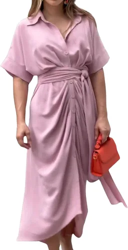 Miniatura 3 de CHARTOU Elegante vestido de blusa irregular de manga corta con botones y cinturón para mujer